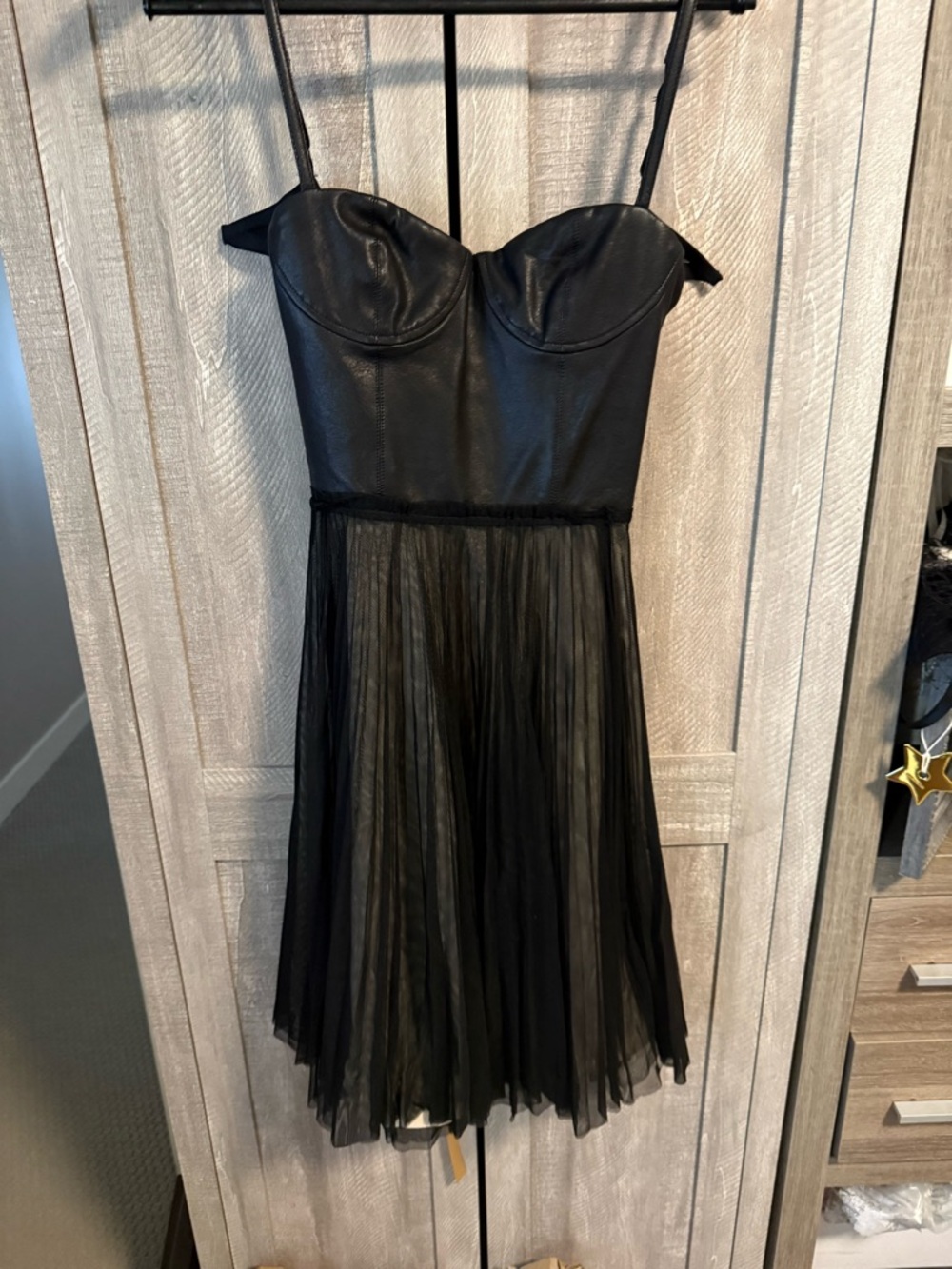 Alice + Olivia Black real Leather Bustier with Sheer Pleated Skirt